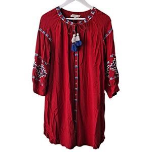 Loft Women's Red Embroidered Crewneck Long Sleeve Button Down Dress - Size S